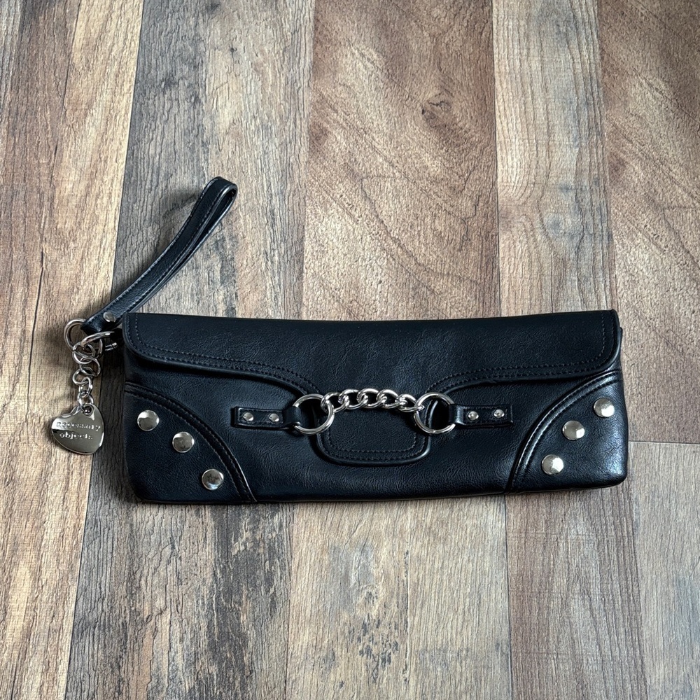 Necessary Objects Black Leather Folder Clutch Bag‎ Magnetic Closure Black Silver